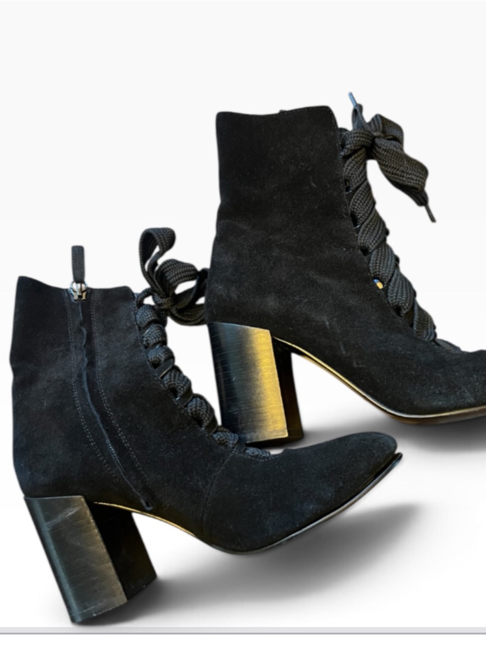 BiBi Black Suede Braided Lace-Up Block Heel Ankle Boots